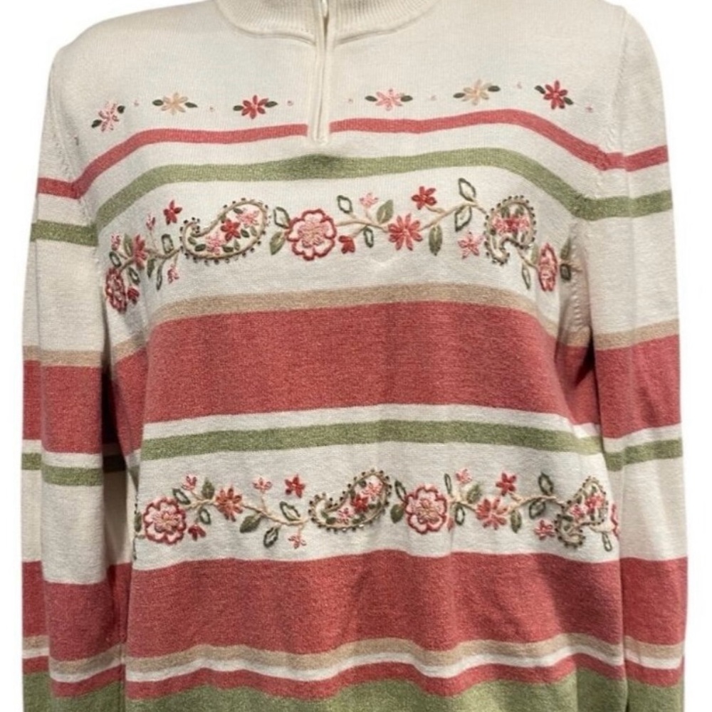 Vintage Alfred Dunner Sweater Top Womens M Beaded Floral 1/4 Zip Grandmacore